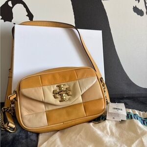 Tory Burch Patchwork Leather Crossbody in Tan & Cream